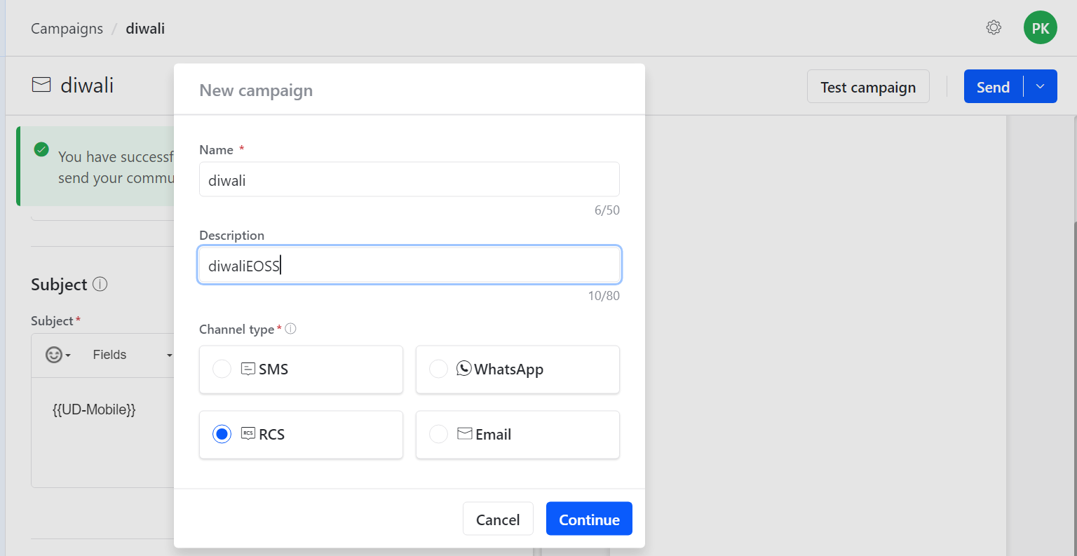 Create new RBM campaign popup