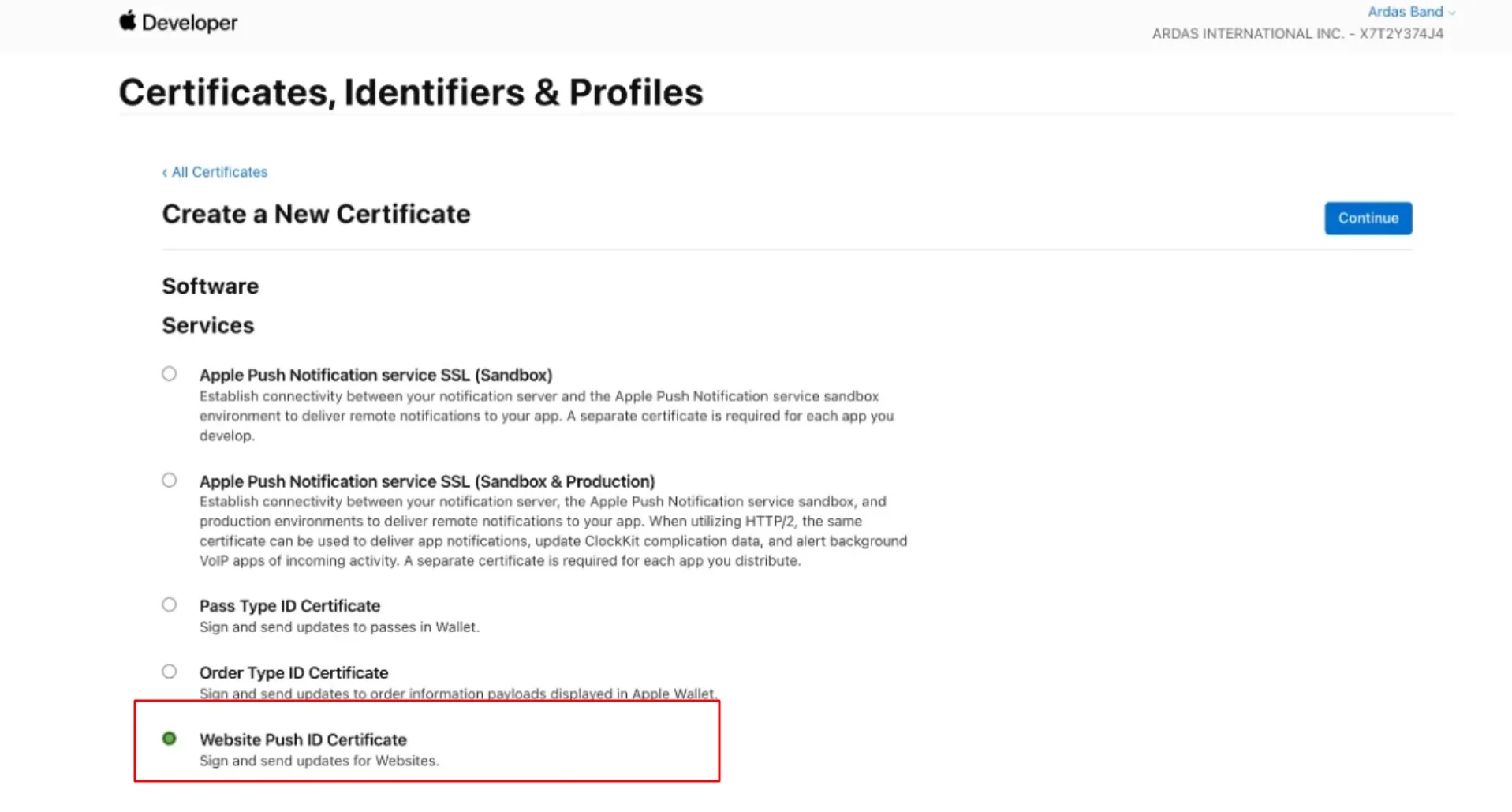 Website Push ID Certificate