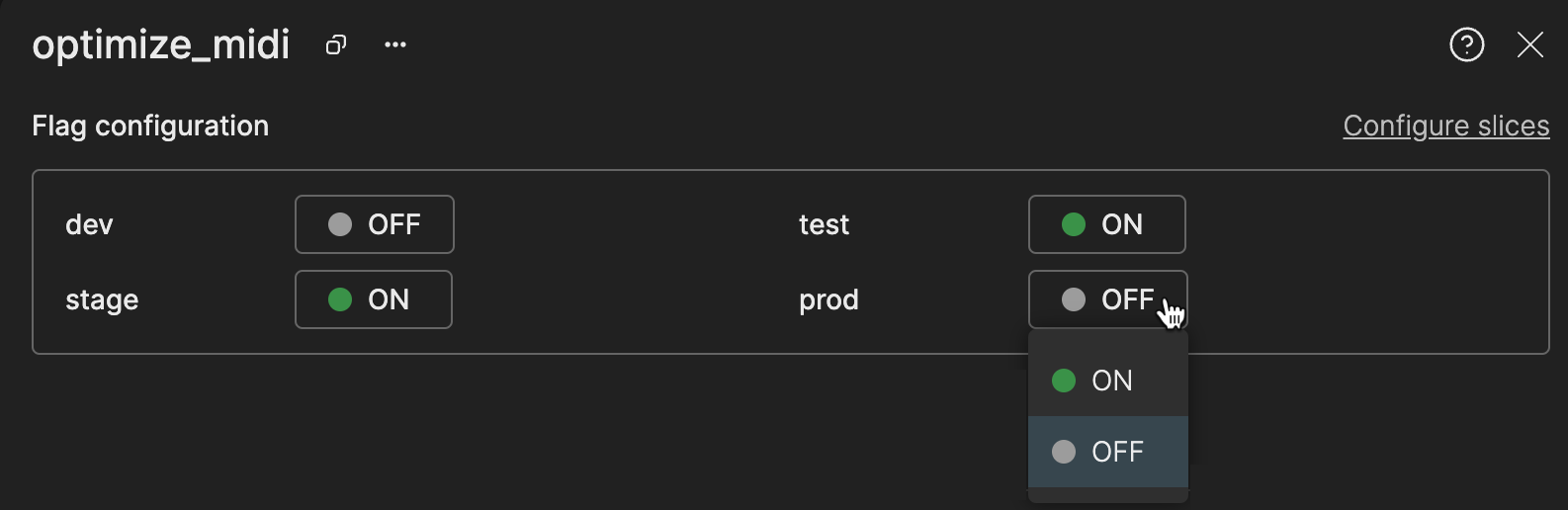 Flag configuration screen for an example flag in Atono, showing environments (dev, stage, test, prod) with ON/OFF toggle options. The cursor is hovering over the prod environment status, displaying a a dropdown to select ON or OFF.