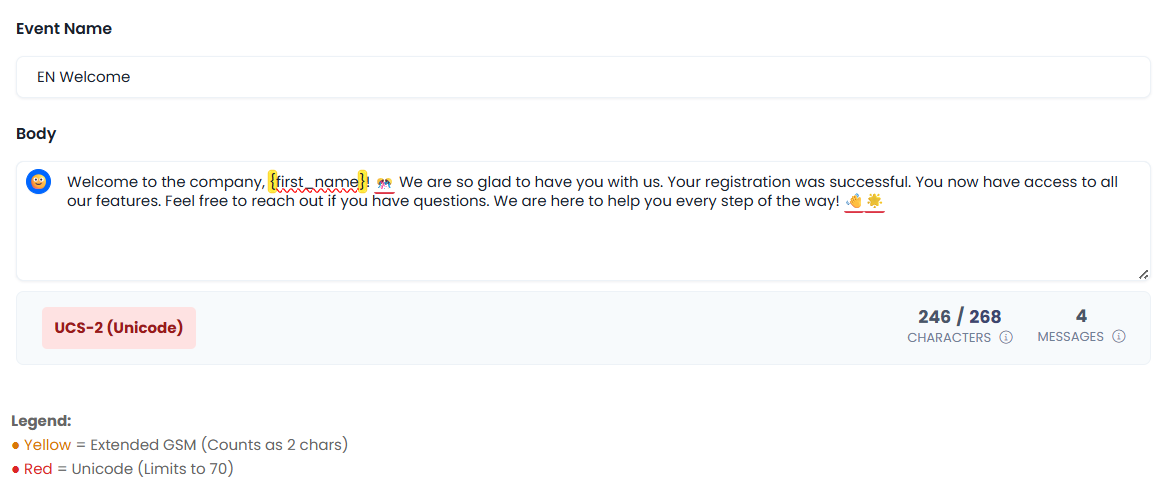 Screenshot of the event message body example using Unicode standard ( special characters included)
