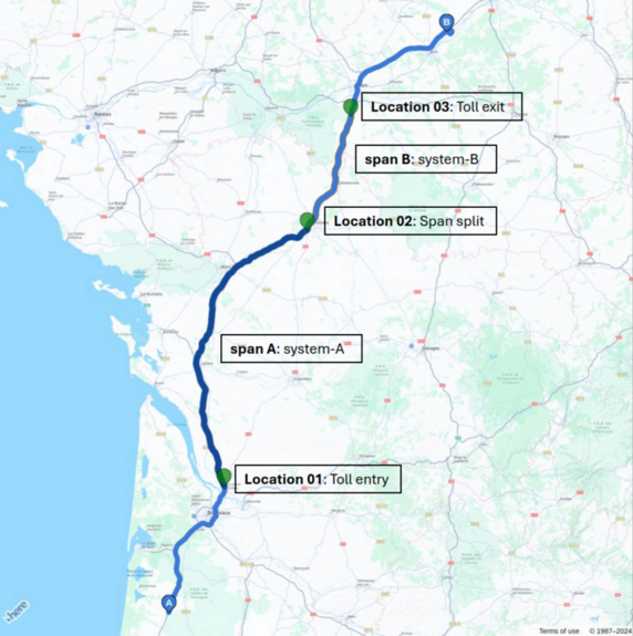Image of route where the toll cost is spanning across two toll systems