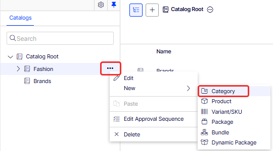Screenshot of the catalog node context menu with New and Category options to create a category.