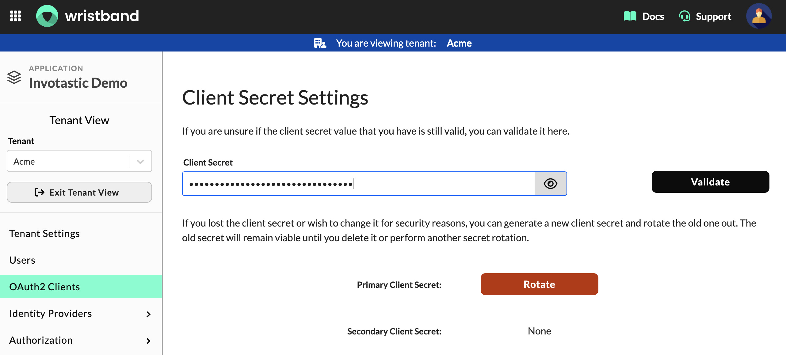 Client Secret Settings section on the Edit Client page for a tenant-level M2M client showing the Client Secret field and Validate button.