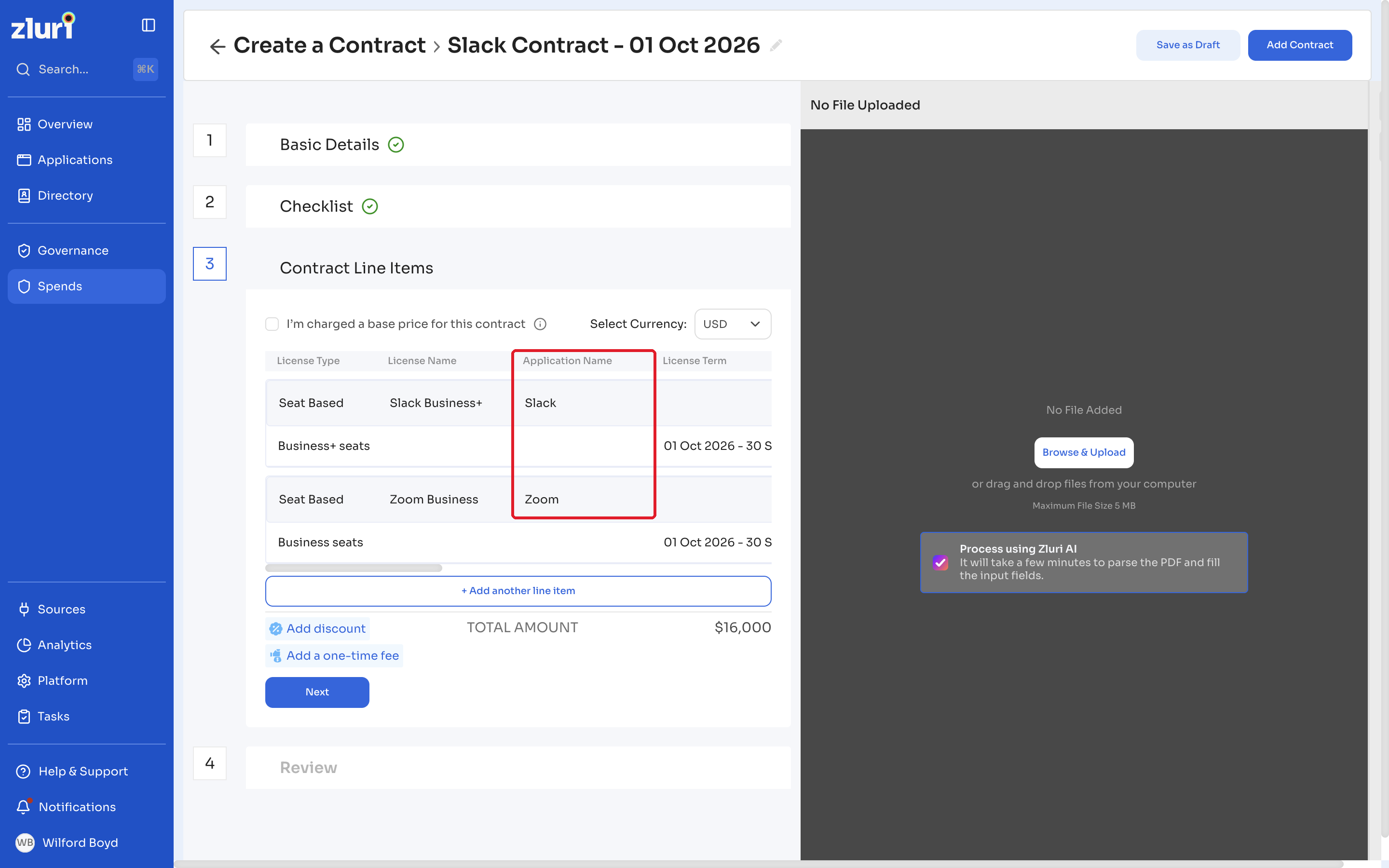 Contract Line Items with line items for different applications