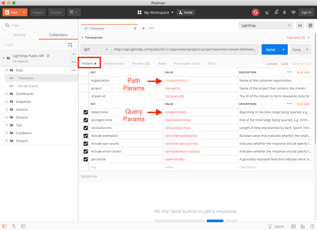Editing Path and Query parameters for an API call in Postman.
