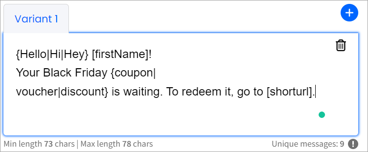 Screenshot of the message template variant