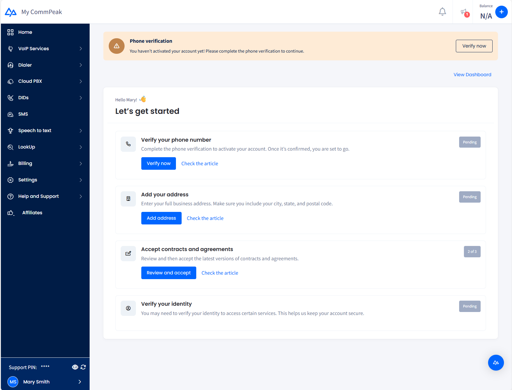 Screenshot of the onboarding dashboard