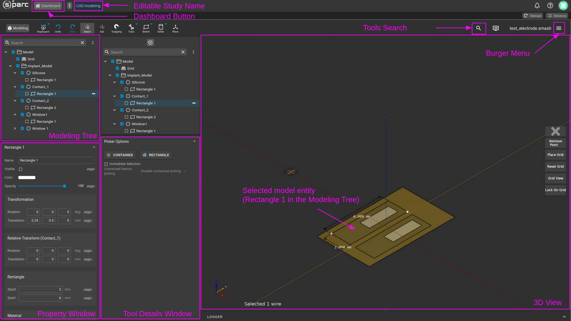 Figure 3: main elements and operations in the modeling view