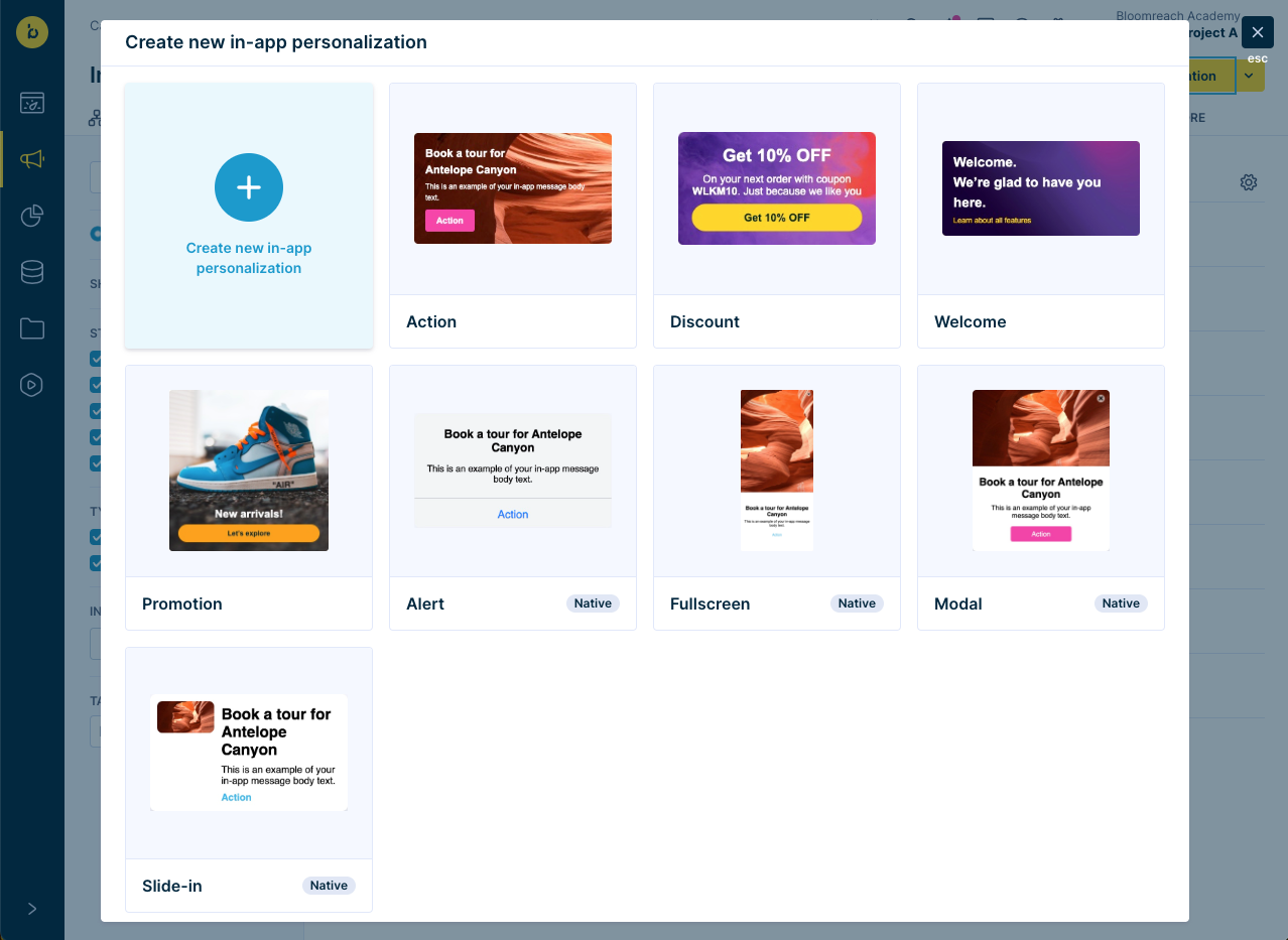 Screenshot of the Create new in-app personalization dialog