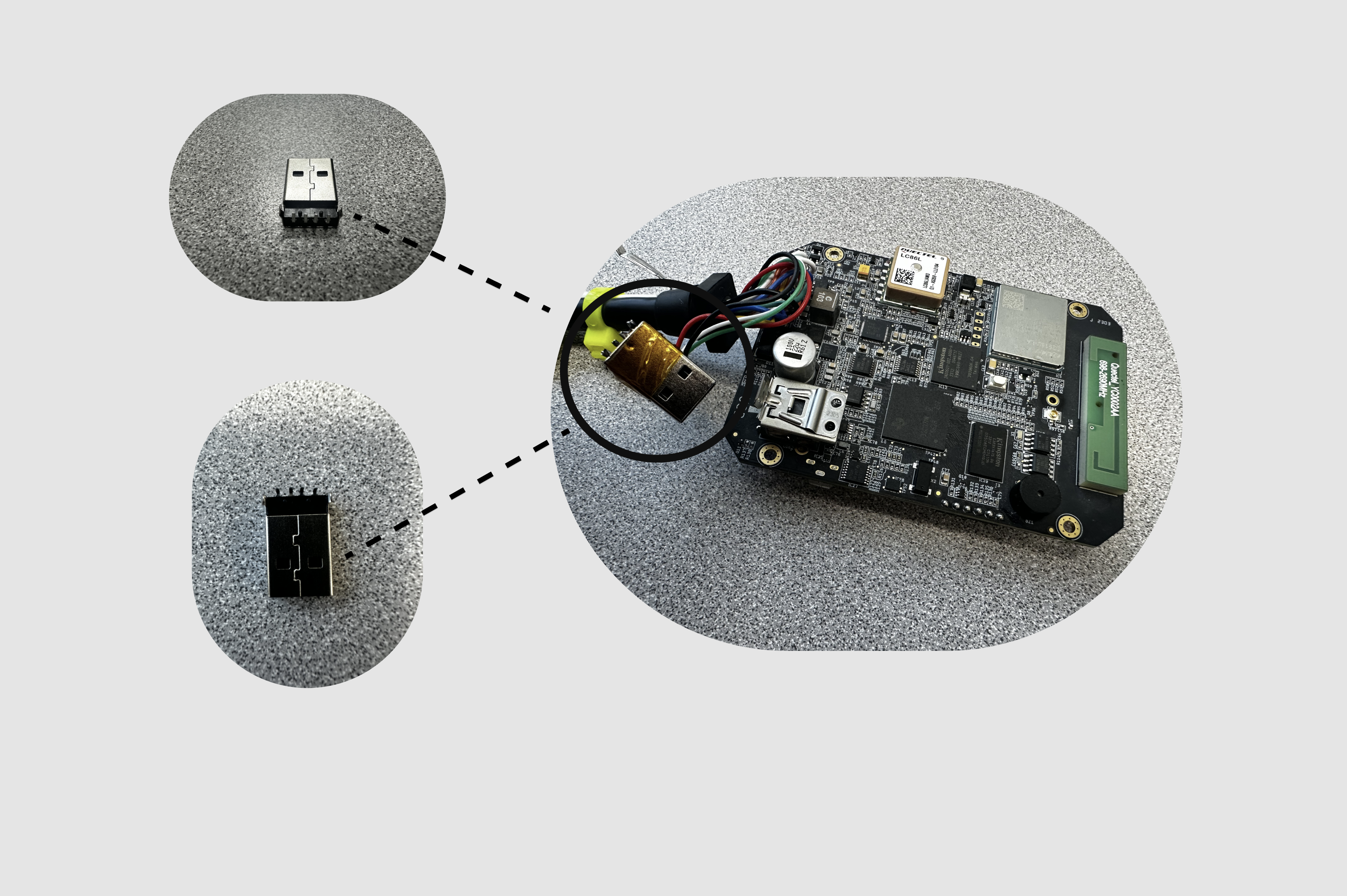 The USB audio dongle was disassembled to expose its internal male connector, enabling direct soldering and compact integration inside the device.