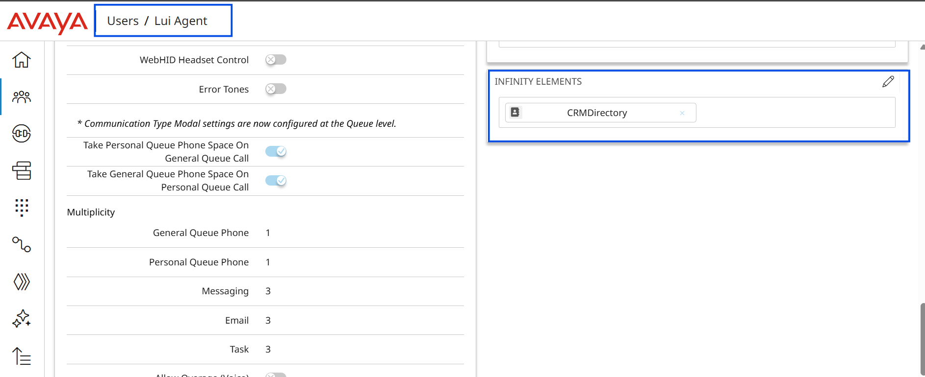 CRM Directory Infinity Element assigned to the user
