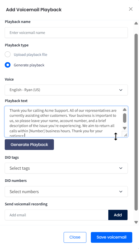 Screenshot of generating a voicemail playback