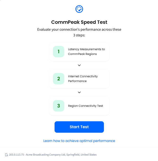 Screenshot of the CommPeak Speed Test intro window listing the three checks