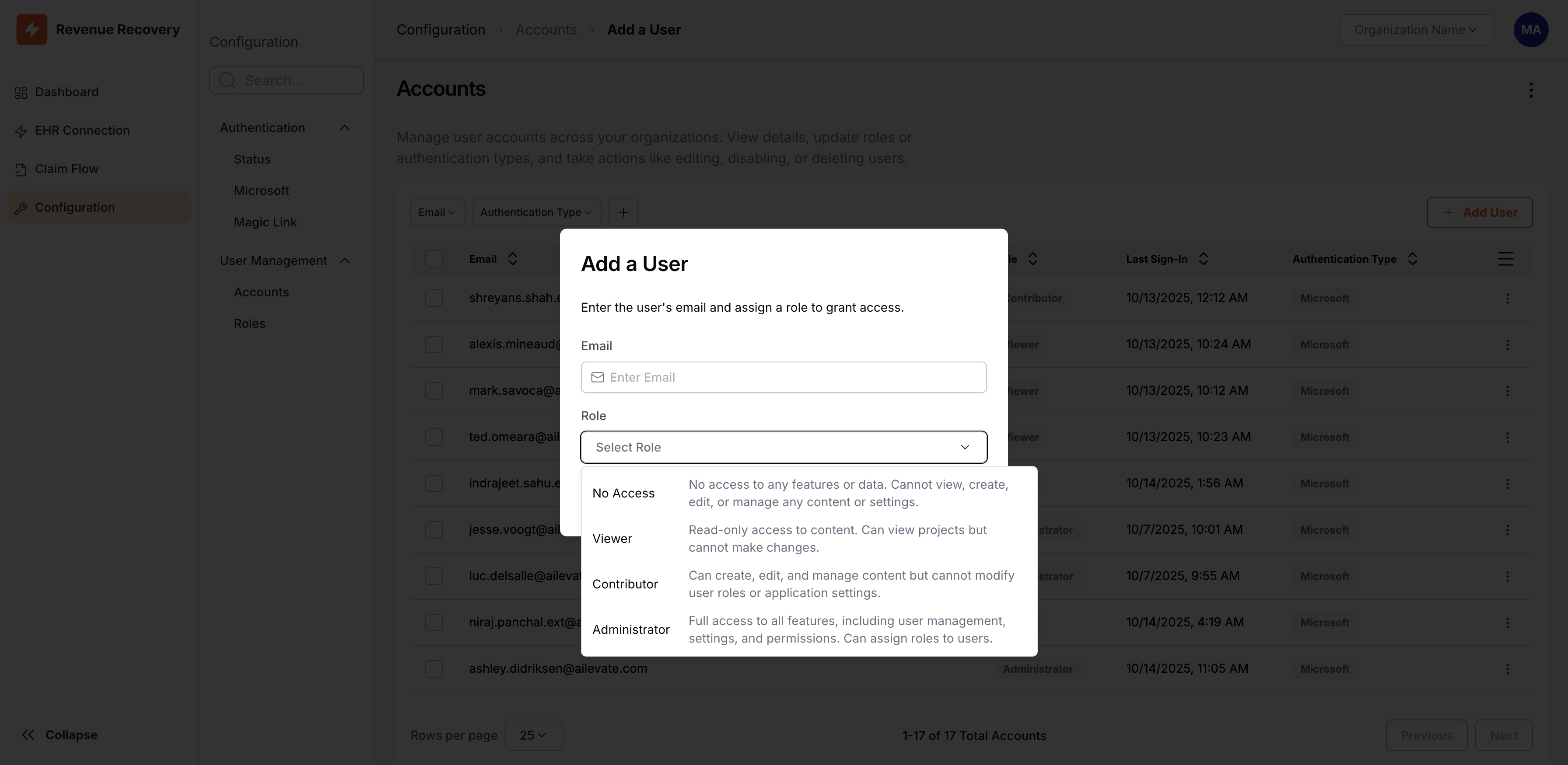 Role Selection Dropdown