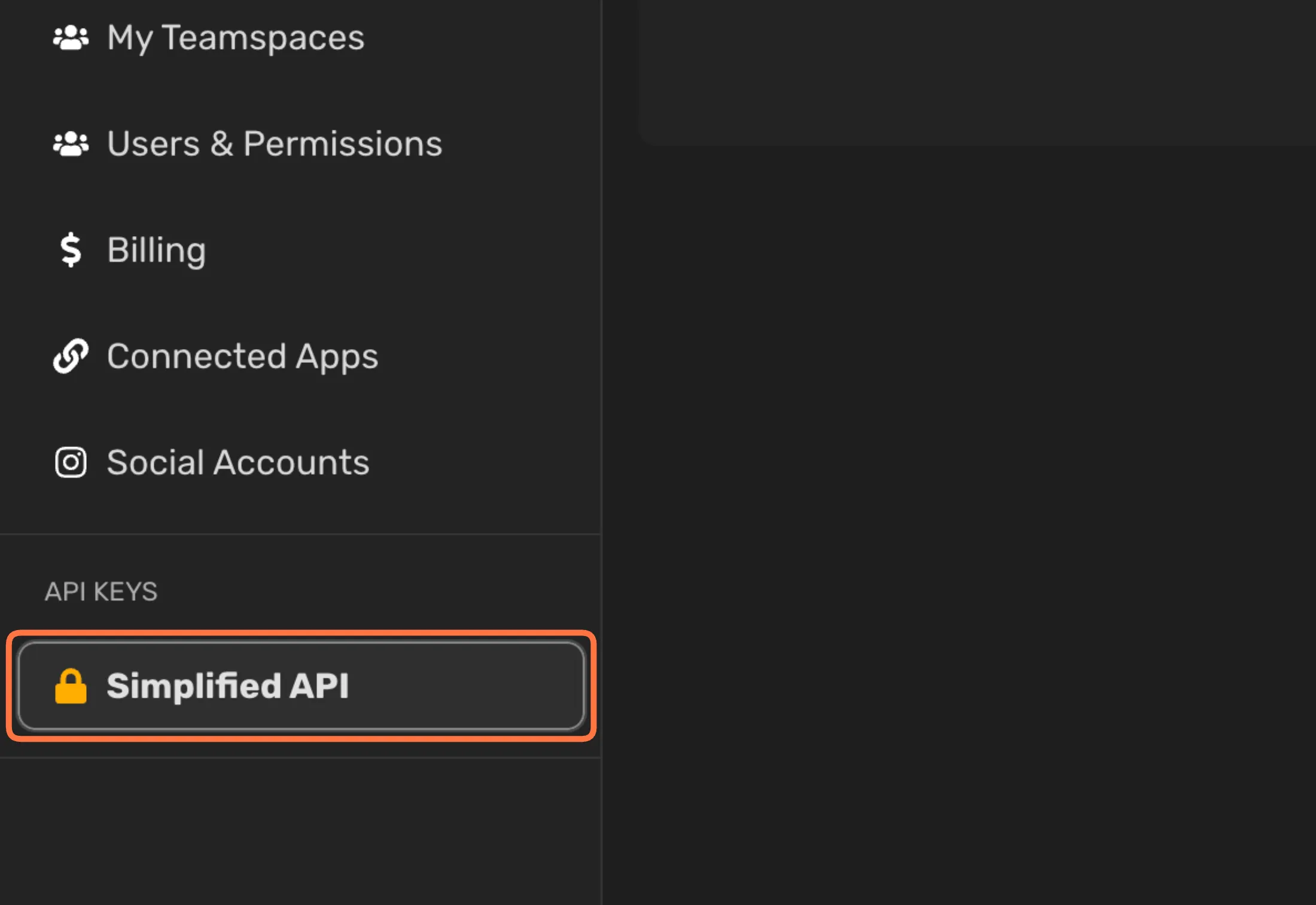Select Simplified API on the left side menu of your Account Settings