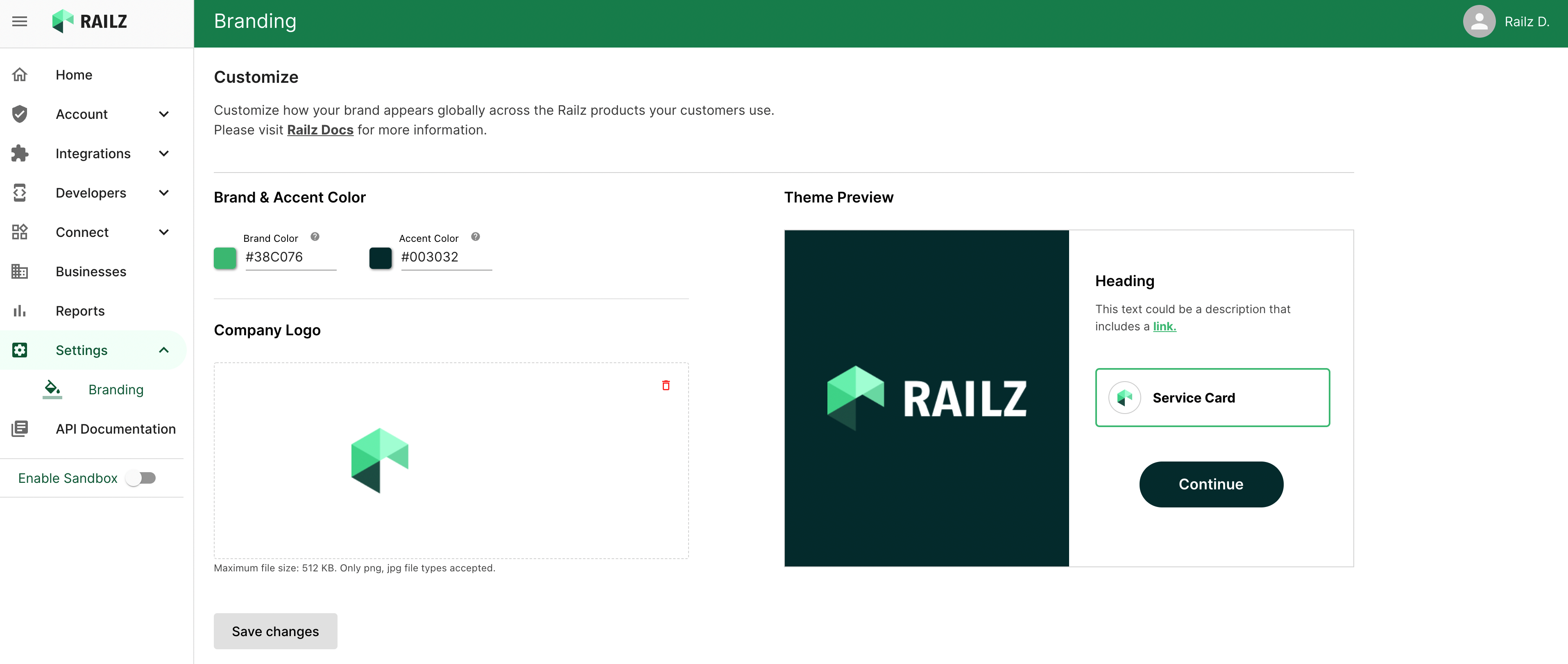 Railz Dashboard - Brand Settings. Click to Expand.