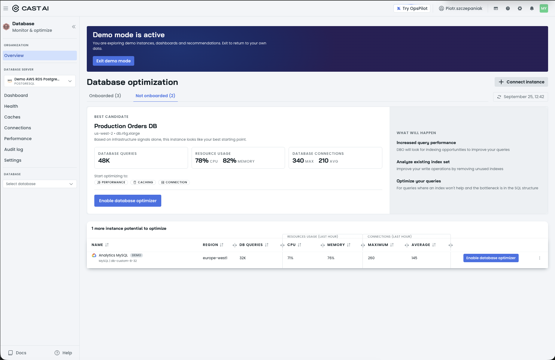 Organization Overview, Not onboarded tab, with the BEST CANDIDATE card and the Enable database optimizer actions