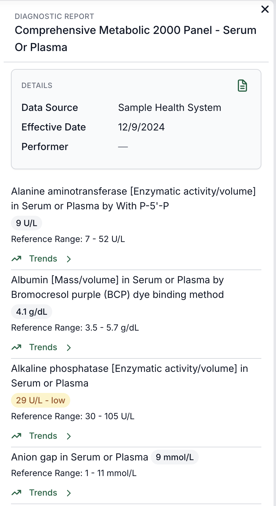 Example of a CMP from "Sample Health System" including a source document (CDA).