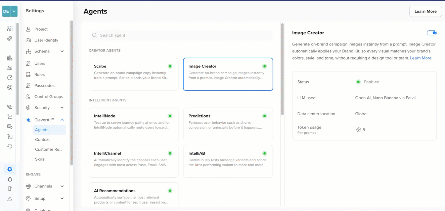 CleverTap Agents settings page showing a list of Creator and Intelligent agents, with Image Creator selected and its configuration details displayed on the right.