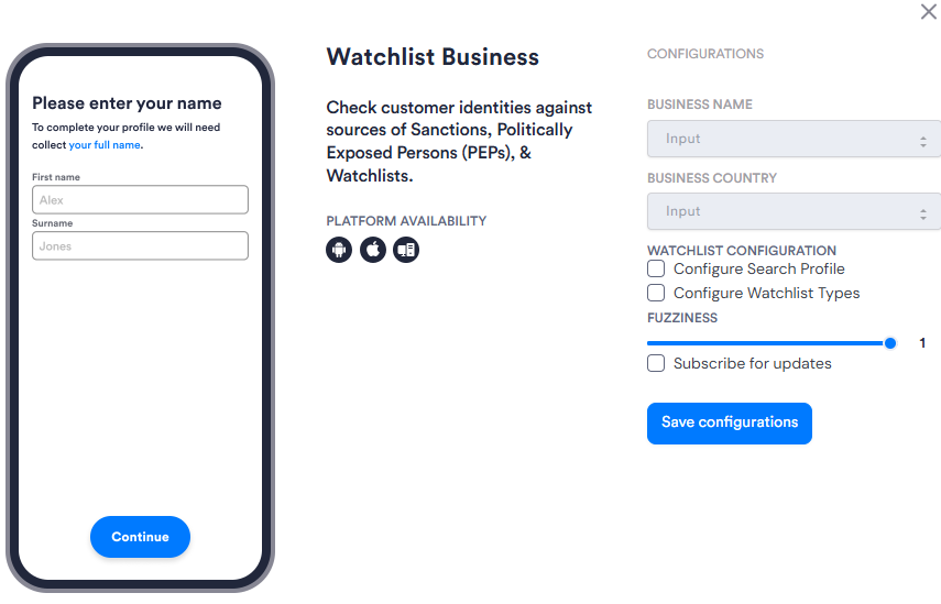 Image of the Watchlist Business module's configuration page. It has six configuration options.