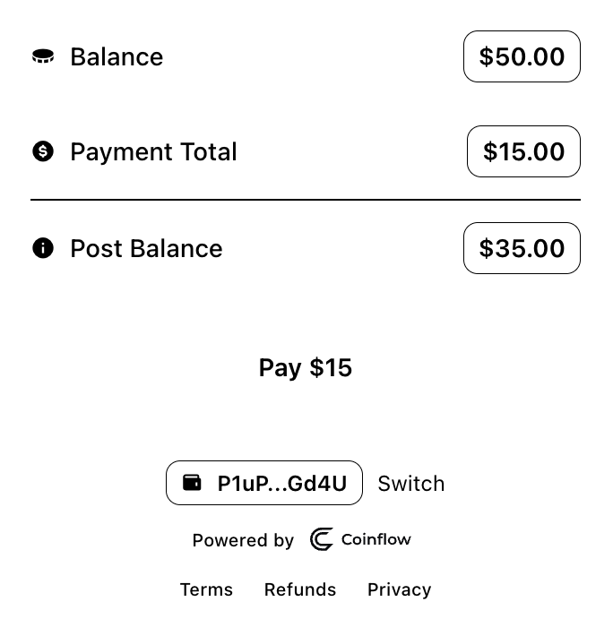 User is prompted to complete purchase - Balance is amount of Credits + USDC