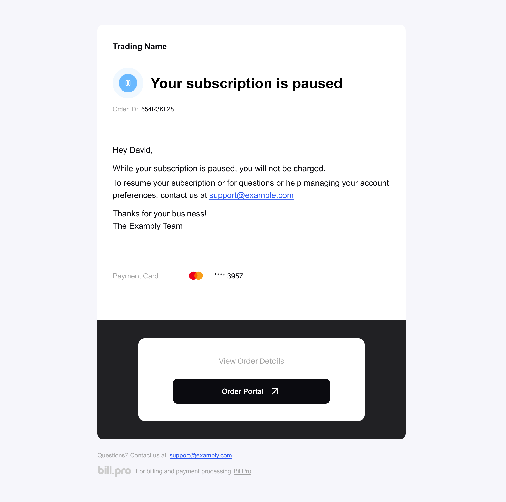 The email notifying that a subscription has been paused