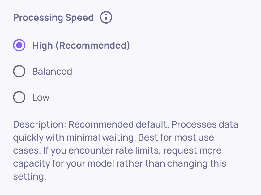 Processing speed configuration on the Preferences tab