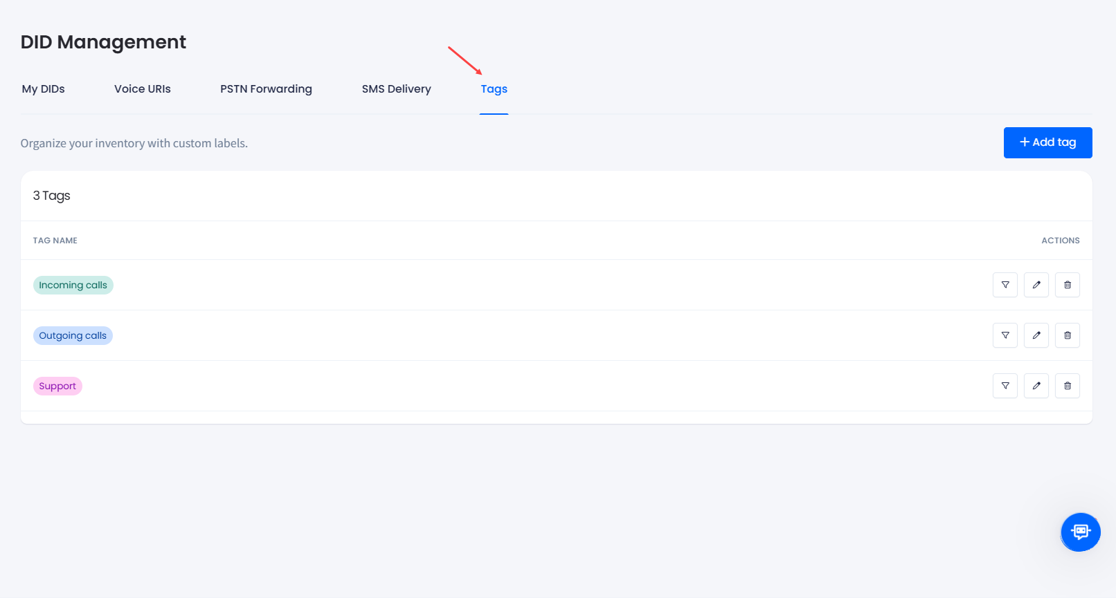 Screenshot of the DIDs > Tags tab