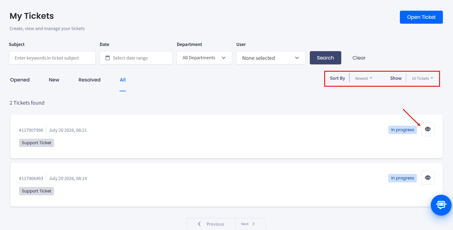 Screenshot of the sorting and display options; the ticket eye button