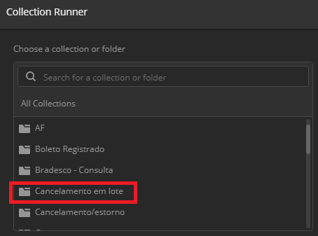 Janela Collection Runner exibindo as coleções salvas, com instrução para escolher a coleção que deseja executar usando os valores do CSV.