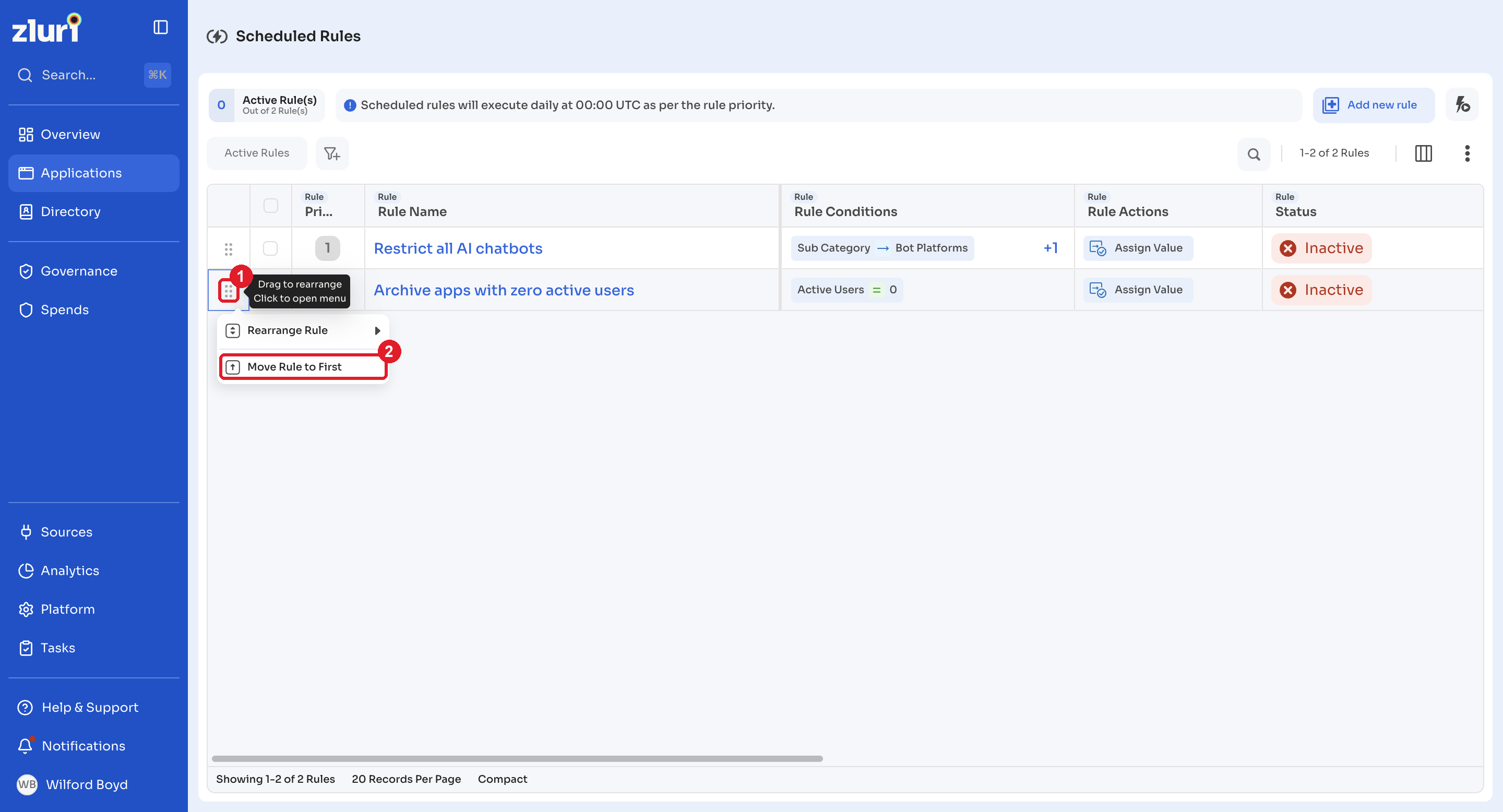 Drag handle menu with Move Rule to First