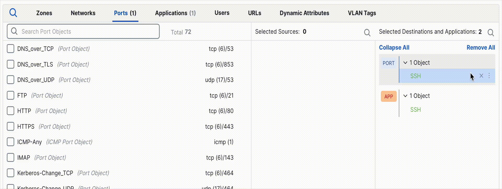 Animation showing the removal of a port, causing the rule to revert to Application Default ports