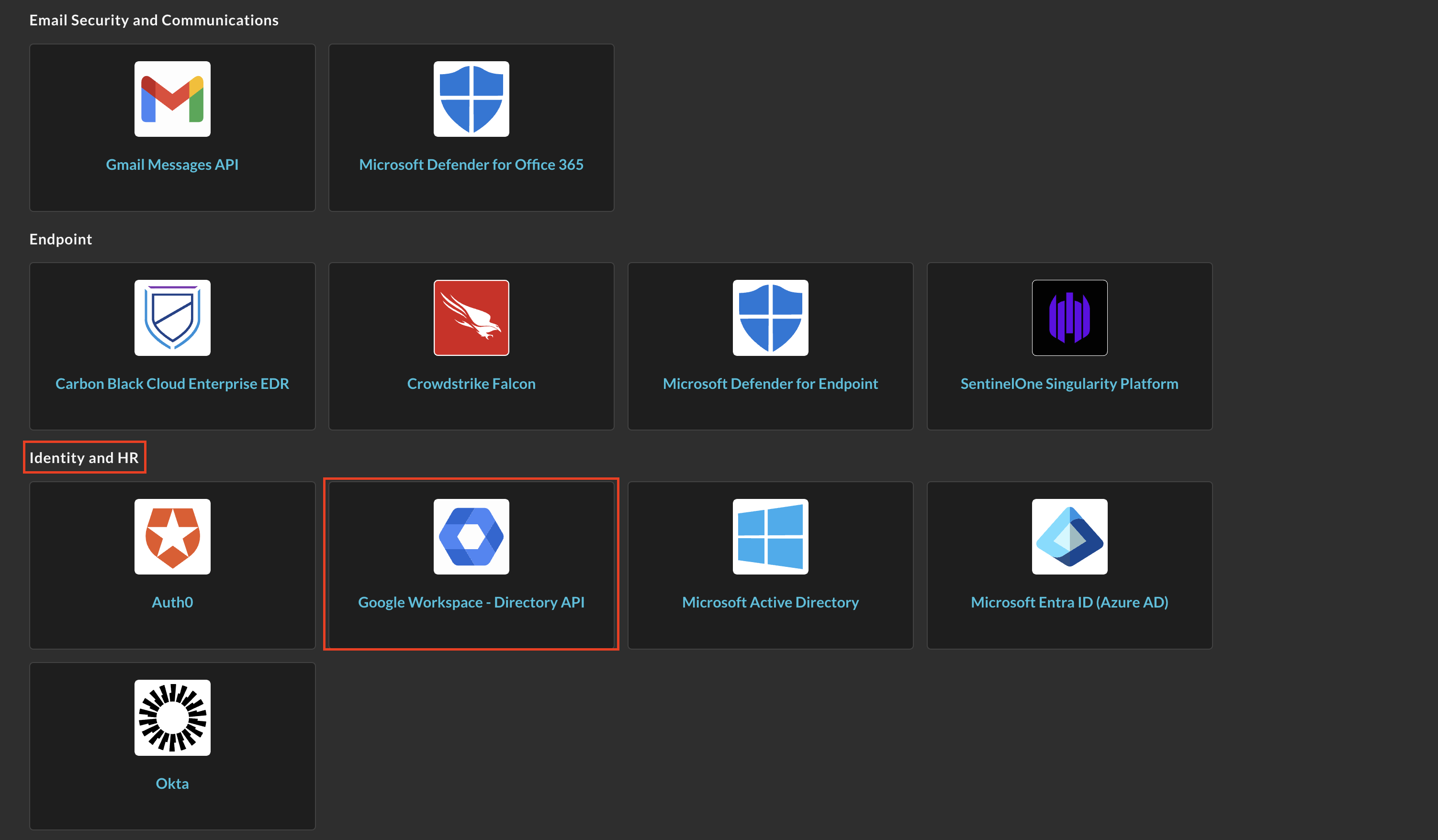 FIG. 2 - Locating the Google Workspace - Directory API in the Query Federated Search Connectors page