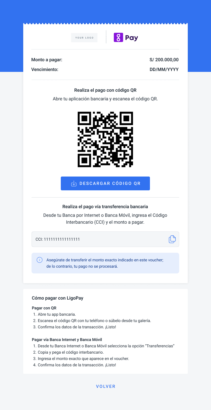 LigoPay checkout voucher showing the QR code and CCI bank transfer options.