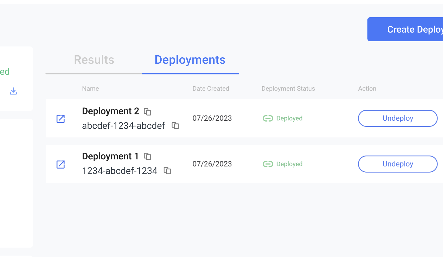 The "Deployments" tab, showing two different model deployments and their statuses.