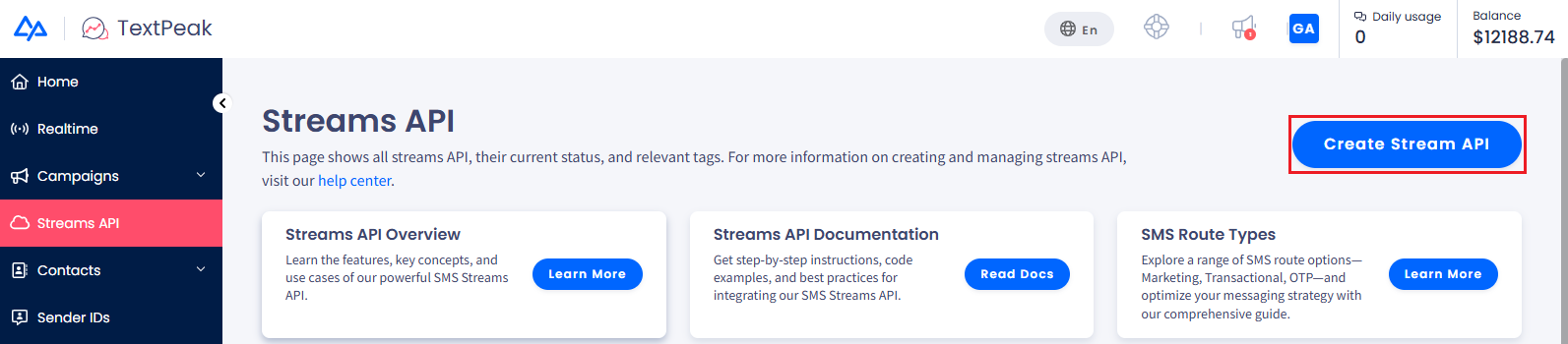 Screenshot of the Create Stream API button