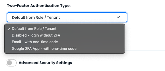 Screenshot of 2FA drop-down list options
