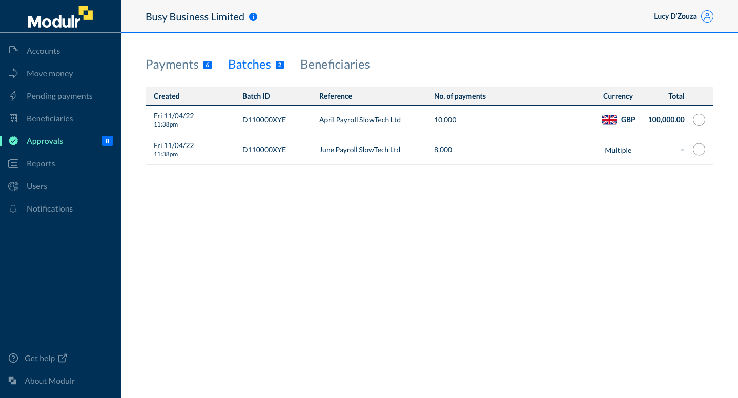 approvals batches page in the modulr portal