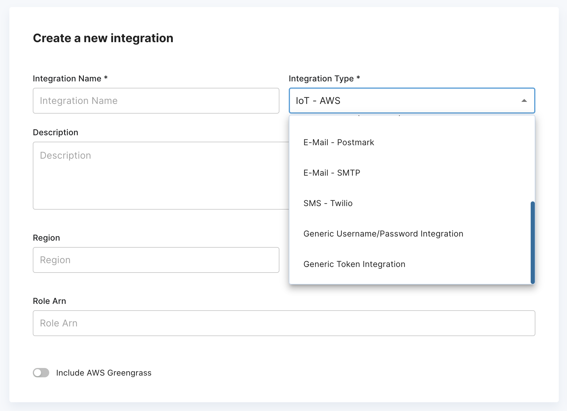 Create a new integration dialog