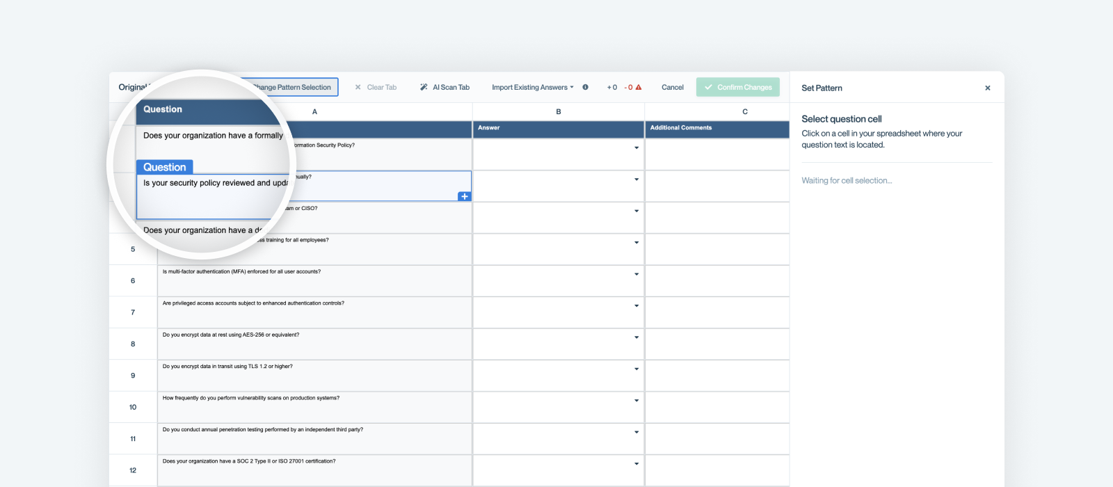 Defining a question/answer pattern on a tab that wasn’t auto-imported.