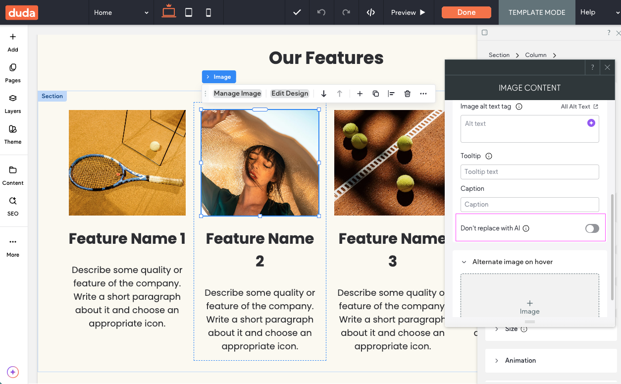 Duda Editor UI with Image Content Panel Open and Don't replace with AI toggle highlighted.