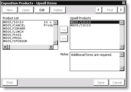 From Exposition, select Set up an exposition, double-click an exposition, double-click an exposition product, click More, and select Upsell