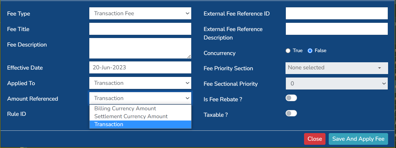 Fee template - Amount referenced
