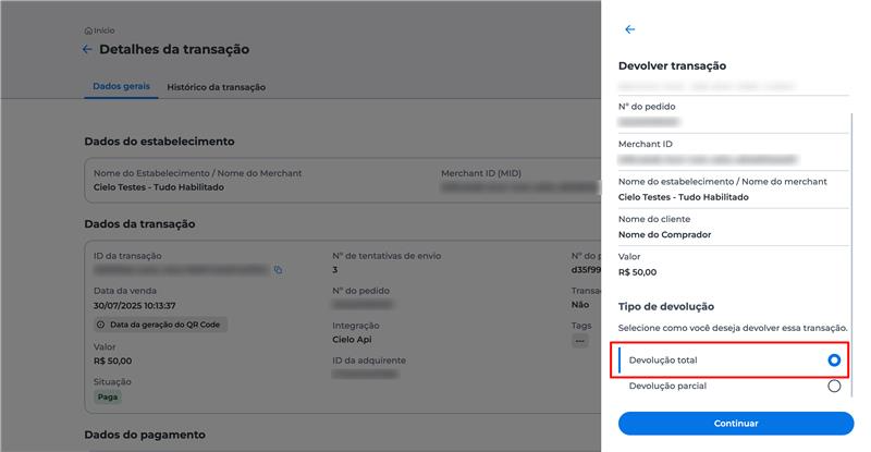 Janela de devolução exibida com a opção "Devolução total" selecionada; botão "Continuar" disponível para concluir o processo.