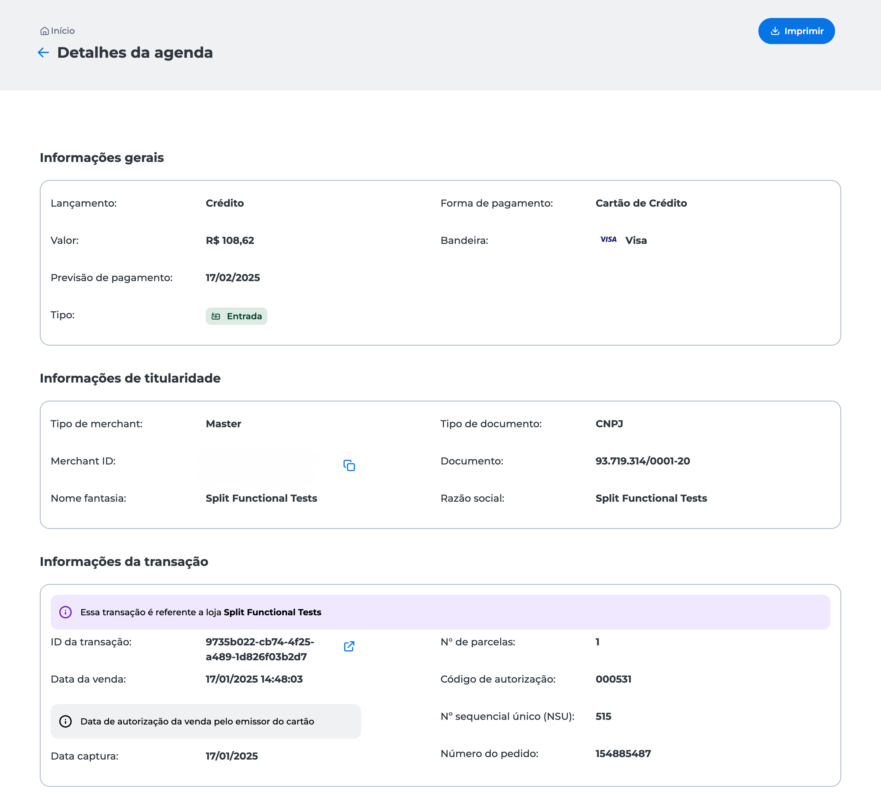 Esta página exibe todos os detalhes do evento selecionado, incluindo Informações Gerais, Informações de Titularidade e Informações da Transação