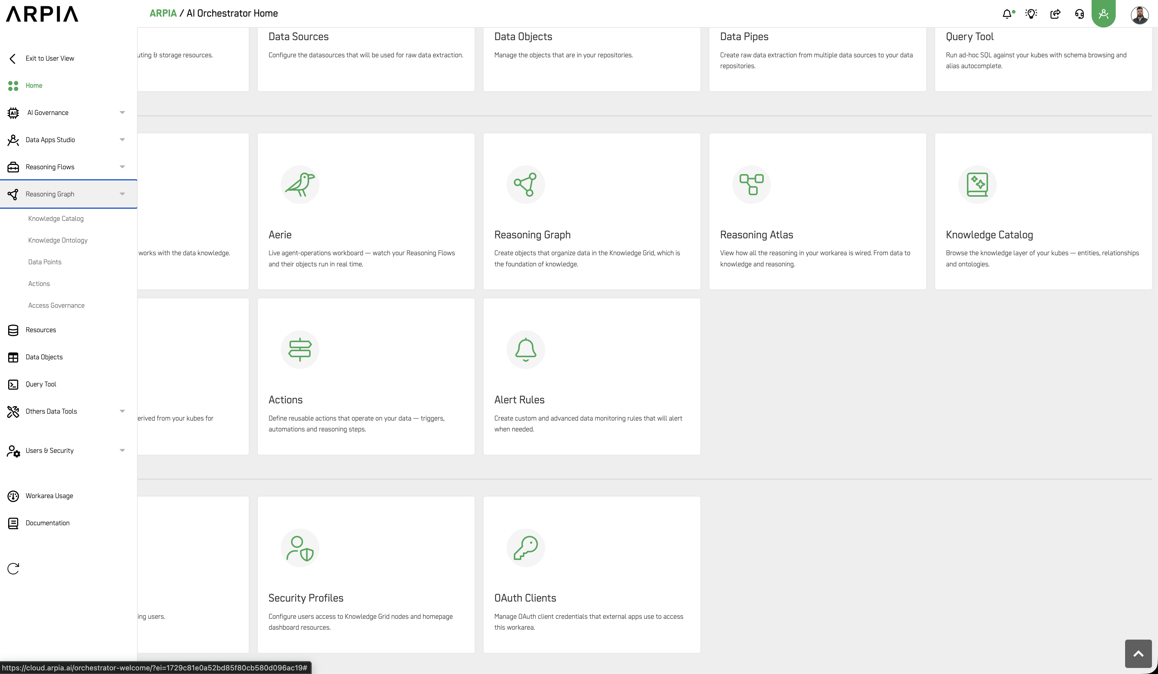 Side menu with Reasoning Graph expanded showing Knowledge Catalog, Knowledge Ontology, Data Points, Actions, and Access Governance