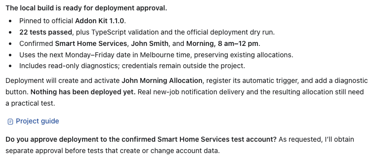 Review Codex's build summary and request for deployment approval.