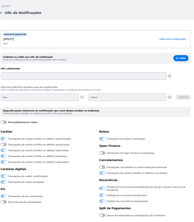 Tela de configuração de URL de notificações no portal Cielo, mostrando campos para cadastrar URL, adicionar headers e selecionar tipos de notificações como cartões, carteiras digitais, boletos, BNPL, Open Finance, cancelamentos, recorrência e Split de Pagamento