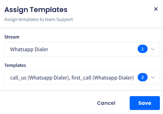 Screenshot of the Assign Templates option in the team menu