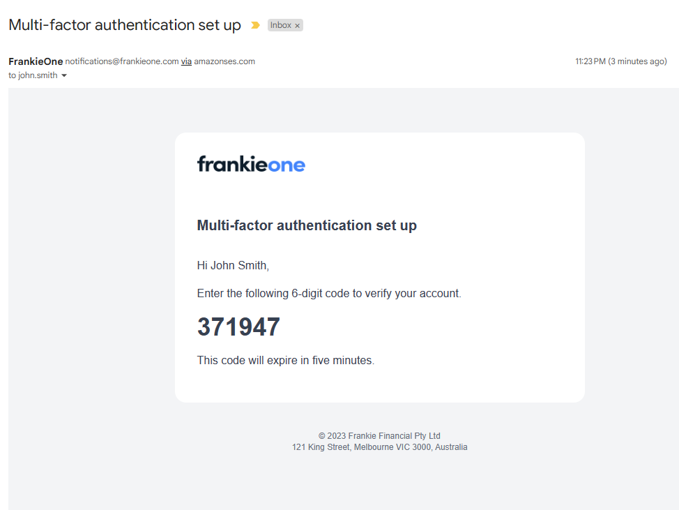 Email with the 6-digit authentication code.